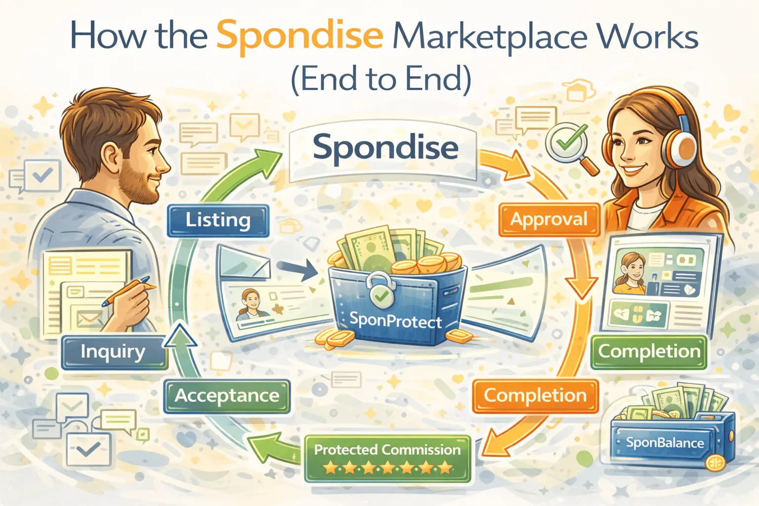 End-to-end Spondise marketplace workflow showing sponsor and creator collaboration lifecycle